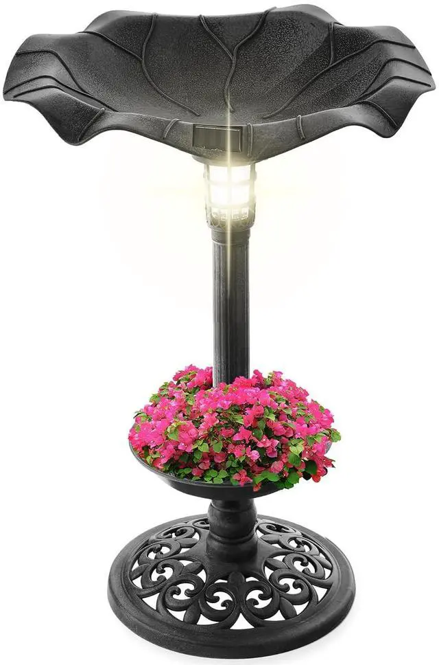 Main image of Best Choice Products Outdoor Solar Lighted Pedestal Bird Bath Fountain Decoration w/Planter, Integrated Panel, Scroll Accents for Lawn, Garden - Black