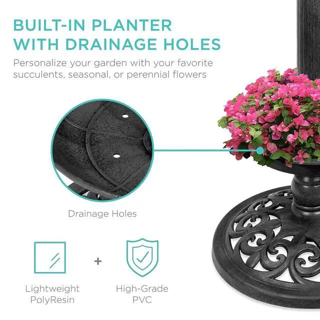 Alt view image 4 of 7 - Best Choice Products Outdoor Solar Lighted Pedestal Bird Bath Fountain Decoration w/Planter, Integrated Panel, Scroll Accents for Lawn, Garden - Black