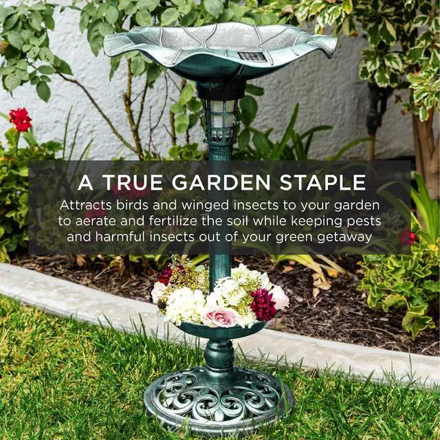 Alt view image 6 of 7 - Best Choice Products Outdoor Solar Lighted Pedestal Bird Bath Fountain Decoration w/Planter, Integrated Panel, Scroll Accents for Lawn, Garden - Green