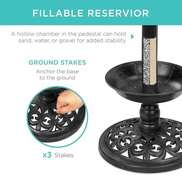 Alt view image 3 of 7 - Best Choice Products Outdoor Solar Lighted Pedestal Bird Bath Fountain Decoration w/Planter, Integrated Panel, Scroll Accents for Lawn, Garden - Black