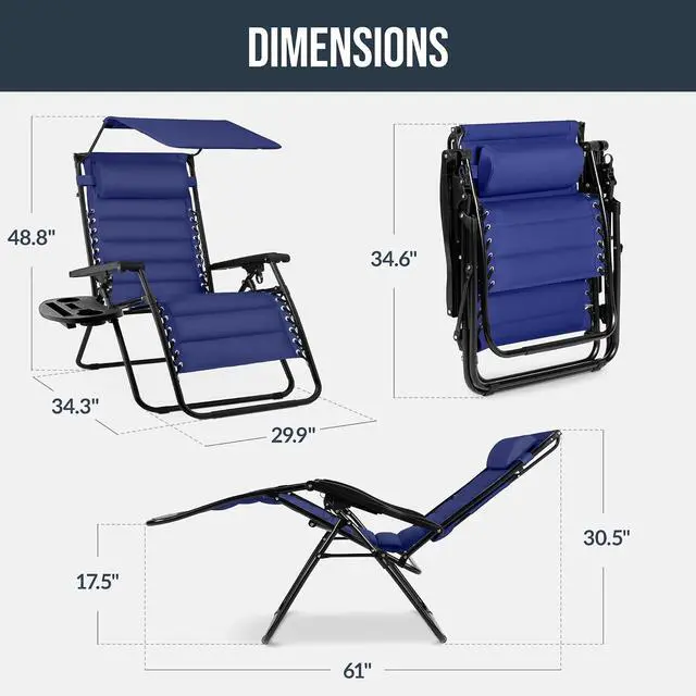 Alt view image 2 of 7 - Oversized Padded Zero Gravity Chair w/Canopy Headrest Cup Holder Side Tray, Folding Outdoor Patio Recliner Lounger - Cobalt Blue