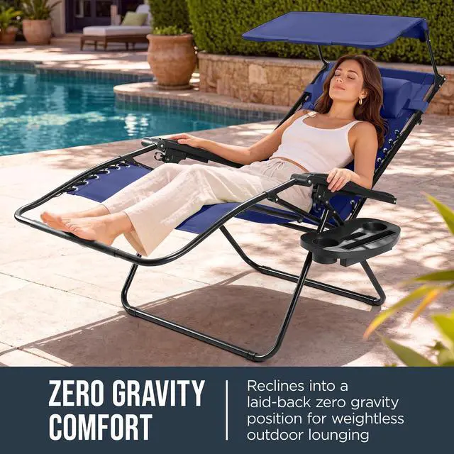 Alt view image 3 of 7 - Oversized Padded Zero Gravity Chair w/Canopy Headrest Cup Holder Side Tray, Folding Outdoor Patio Recliner Lounger - Cobalt Blue