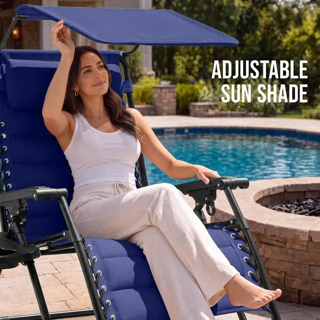 Alt view image 4 of 7 - Oversized Padded Zero Gravity Chair w/Canopy Headrest Cup Holder Side Tray, Folding Outdoor Patio Recliner Lounger - Cobalt Blue