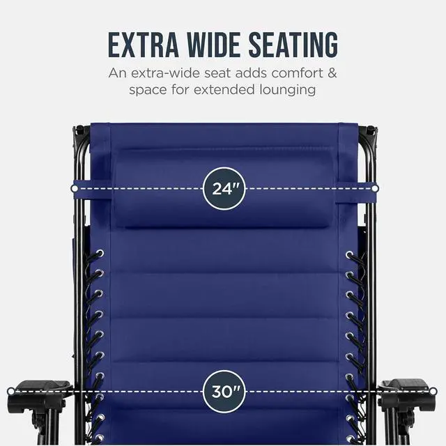 Alt view image 5 of 7 - Oversized Padded Zero Gravity Chair w/Canopy Headrest Cup Holder Side Tray, Folding Outdoor Patio Recliner Lounger - Cobalt Blue