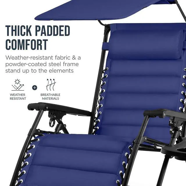 Alt view image 6 of 7 - Oversized Padded Zero Gravity Chair w/Canopy Headrest Cup Holder Side Tray, Folding Outdoor Patio Recliner Lounger - Cobalt Blue