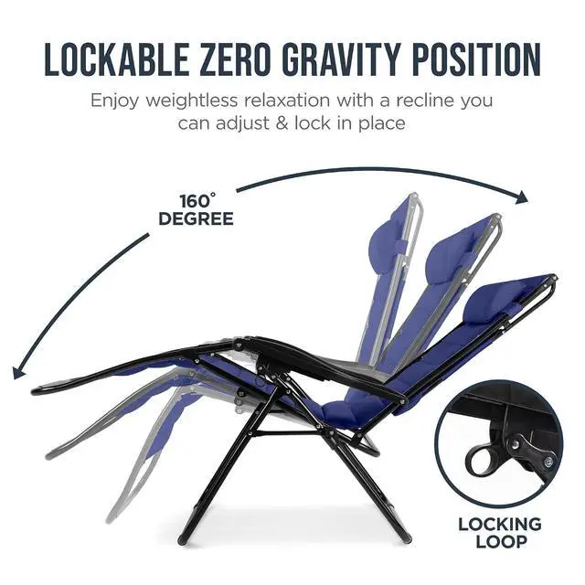 Alt view image 7 of 7 - Oversized Padded Zero Gravity Chair w/Canopy Headrest Cup Holder Side Tray, Folding Outdoor Patio Recliner Lounger - Cobalt Blue