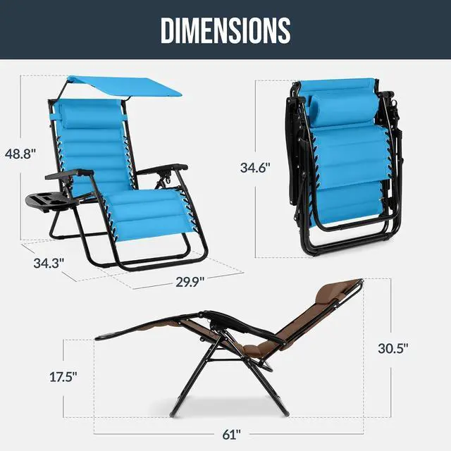 Alt view image 2 of 7 - Oversized Padded Zero Gravity Chair w/Canopy Headrest Cup Holder Side Tray, Folding Outdoor Patio Recliner Lounger - Light Blue