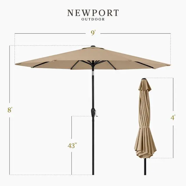 Alt view image 2 of 7 - 9ft Commercial Grade Patio Umbrella, 5-Year Fade Resistant 260 GSM Polyester Canopy, Rustproof Aluminum Frame, Smooth Tilt & Crank for Patio, Restaurant, Pool & Deck - Tan