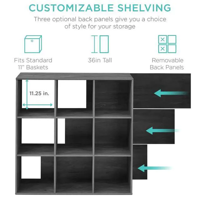 Alt view image 3 of 7 - Best Choice Products 9-Cube Storage Organizer, 11in Shelf Opening, Bookcase, Display Shelf, Customizable w/ 3 Removable Back Panels - Dark Gray