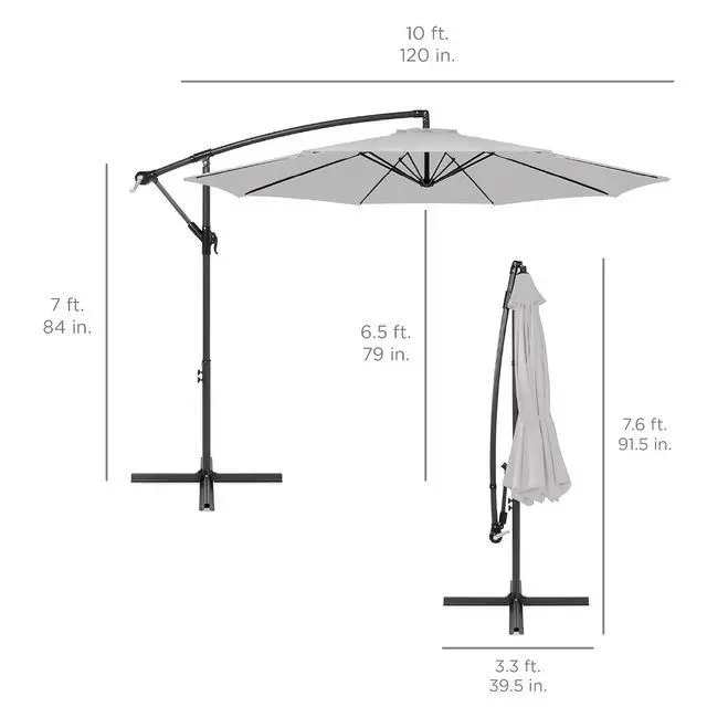 Alt view image 7 of 7 - 10ft Offset Cantilever Hanging Market Patio Umbrella, 8 Sturdy Ribs, Easy Adjustment - Fog Gray