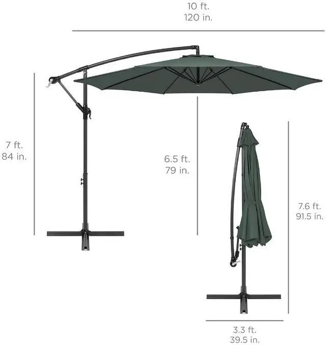 Alt view image 7 of 7 - 10ft Offset Cantilever Hanging Market Patio Umbrella, 8 Sturdy Ribs, Easy Adjustment - Slate