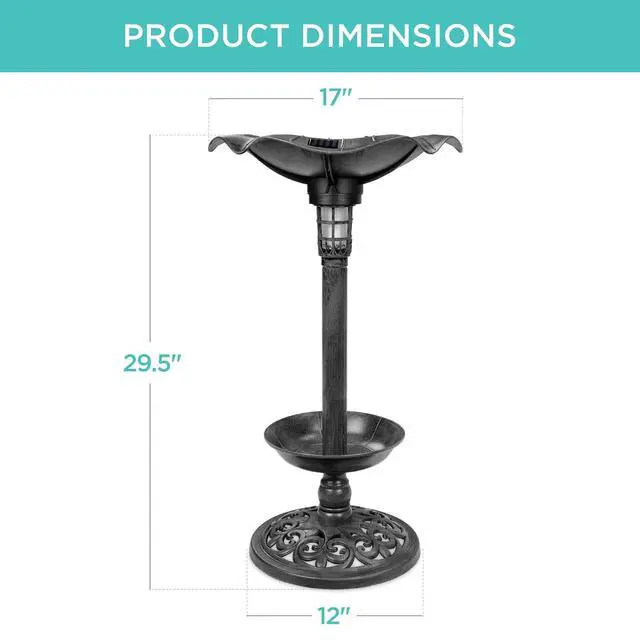 Alt view image 7 of 7 - Best Choice Products Outdoor Solar Lighted Pedestal Bird Bath Fountain Decoration w/Planter, Integrated Panel, Scroll Accents for Lawn, Garden - Black