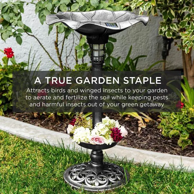 Alt view image 6 of 7 - Best Choice Products Outdoor Solar Lighted Pedestal Bird Bath Fountain Decoration w/Planter, Integrated Panel, Scroll Accents for Lawn, Garden - Black