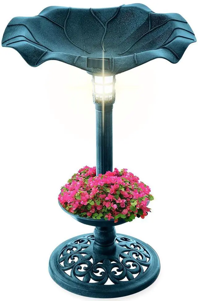 Main image of Best Choice Products Outdoor Solar Lighted Pedestal Bird Bath Fountain Decoration w/Planter, Integrated Panel, Scroll Accents for Lawn, Garden - Peacock Blue