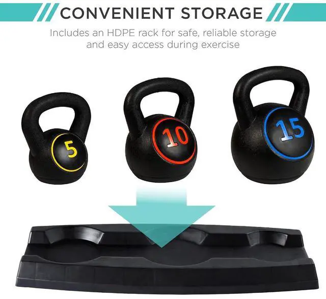 Alt view image 3 of 7 - 3-Piece Kettlebell Set with Storage Rack, HDPE Coated Exercise Fitness Concrete Weights for Home Gym, Strength Training, HIIT Workout 5lb, 10lb, 15lb