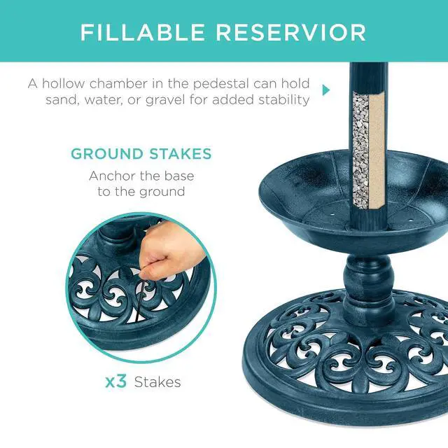 Alt view image 3 of 7 - Best Choice Products Outdoor Solar Lighted Pedestal Bird Bath Fountain Decoration w/Planter, Integrated Panel, Scroll Accents for Lawn, Garden - Peacock Blue