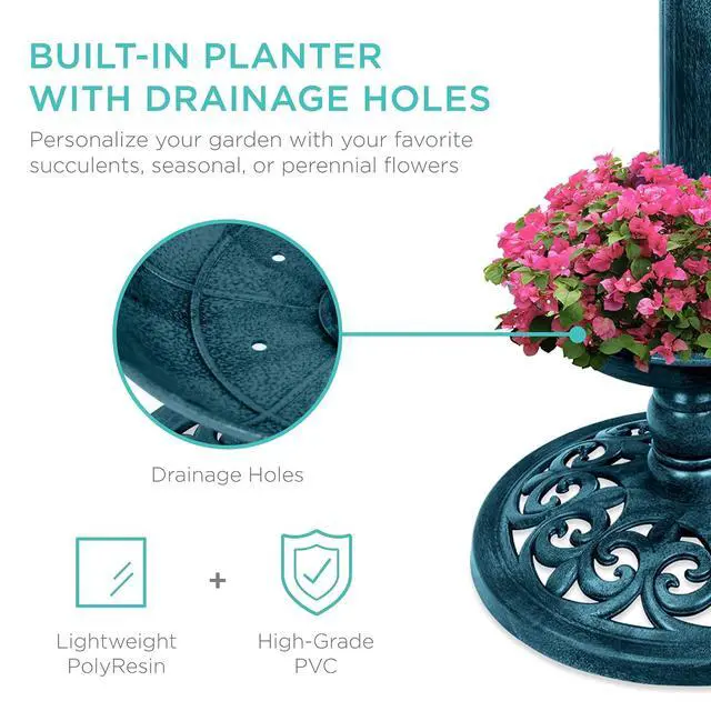 Alt view image 4 of 7 - Best Choice Products Outdoor Solar Lighted Pedestal Bird Bath Fountain Decoration w/Planter, Integrated Panel, Scroll Accents for Lawn, Garden - Peacock Blue