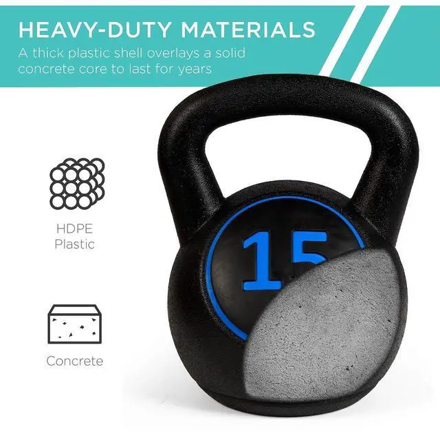 Alt view image 4 of 7 - 3-Piece Kettlebell Set with Storage Rack, HDPE Coated Exercise Fitness Concrete Weights for Home Gym, Strength Training, HIIT Workout 5lb, 10lb, 15lb