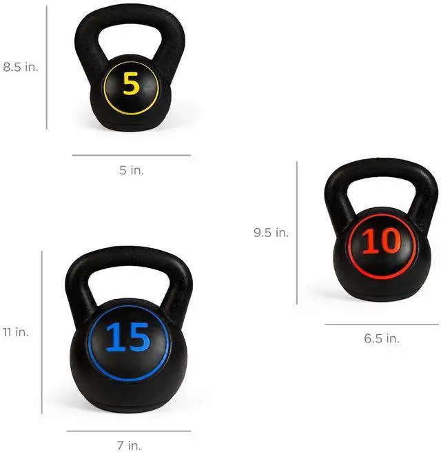 Alt view image 6 of 7 - 3-Piece Kettlebell Set with Storage Rack, HDPE Coated Exercise Fitness Concrete Weights for Home Gym, Strength Training, HIIT Workout 5lb, 10lb, 15lb
