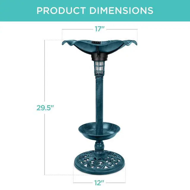 Alt view image 7 of 7 - Best Choice Products Outdoor Solar Lighted Pedestal Bird Bath Fountain Decoration w/Planter, Integrated Panel, Scroll Accents for Lawn, Garden - Peacock Blue