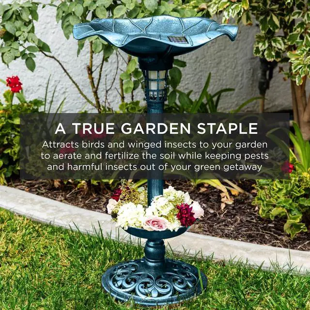 Alt view image 6 of 7 - Best Choice Products Outdoor Solar Lighted Pedestal Bird Bath Fountain Decoration w/Planter, Integrated Panel, Scroll Accents for Lawn, Garden - Peacock Blue