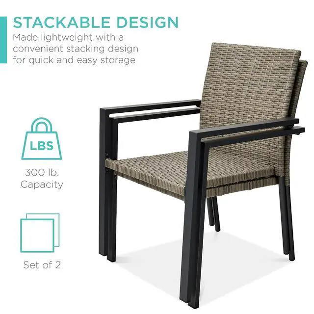 Alt view image 4 of 7 - Set of 2 Stackable Outdoor Wicker Dining Chairs All-Weather Firepit Armchair w/Armrests, Steel Frame for Patio, Deck, Garden, Yard - Taupe