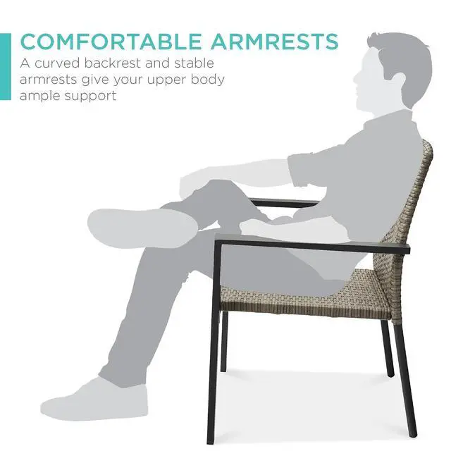 Alt view image 5 of 7 - Set of 2 Stackable Outdoor Wicker Dining Chairs All-Weather Firepit Armchair w/Armrests, Steel Frame for Patio, Deck, Garden, Yard - Taupe