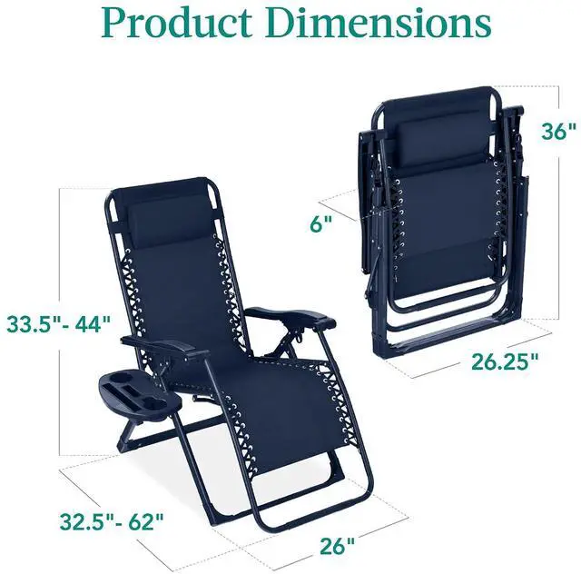 Alt view image 3 of 7 - Adjustable Zero Gravity Chair, Monochromatic Color Folding Patio Recliner w/Side Tray, Headrest - Navy