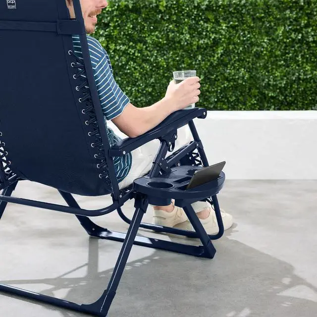 Alt view image 2 of 7 - Adjustable Zero Gravity Chair, Monochromatic Color Folding Patio Recliner w/Side Tray, Headrest - Navy