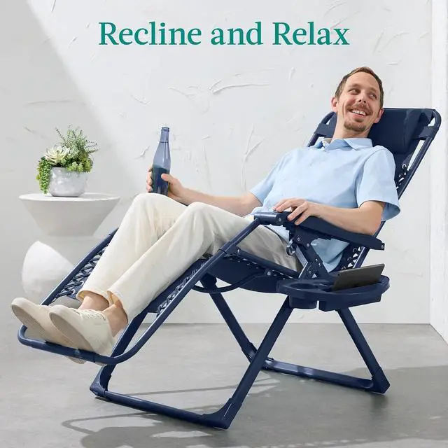 Alt view image 4 of 7 - Adjustable Zero Gravity Chair, Monochromatic Color Folding Patio Recliner w/Side Tray, Headrest - Navy