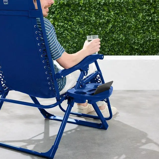 Alt view image 2 of 7 - Adjustable Zero Gravity Chair, Monochromatic Color Folding Patio Recliner w/Side Tray, Headrest - Marine