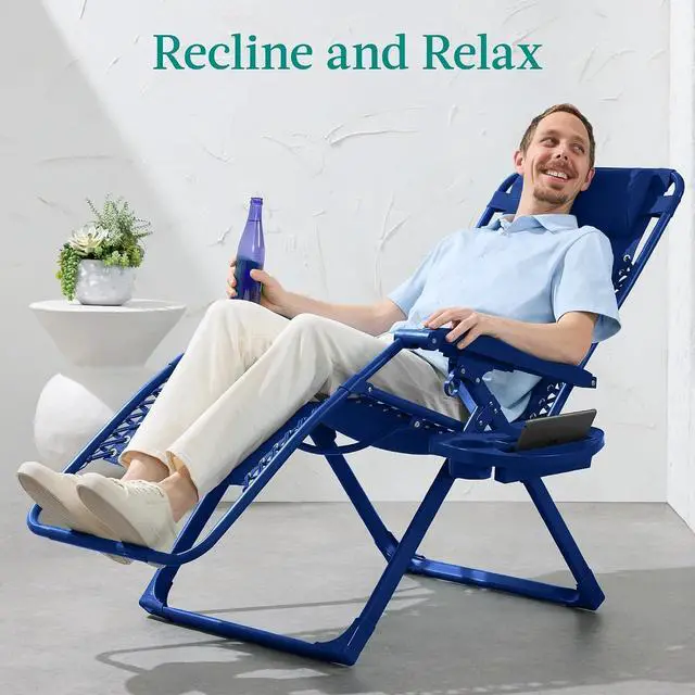 Alt view image 4 of 7 - Adjustable Zero Gravity Chair, Monochromatic Color Folding Patio Recliner w/Side Tray, Headrest - Marine
