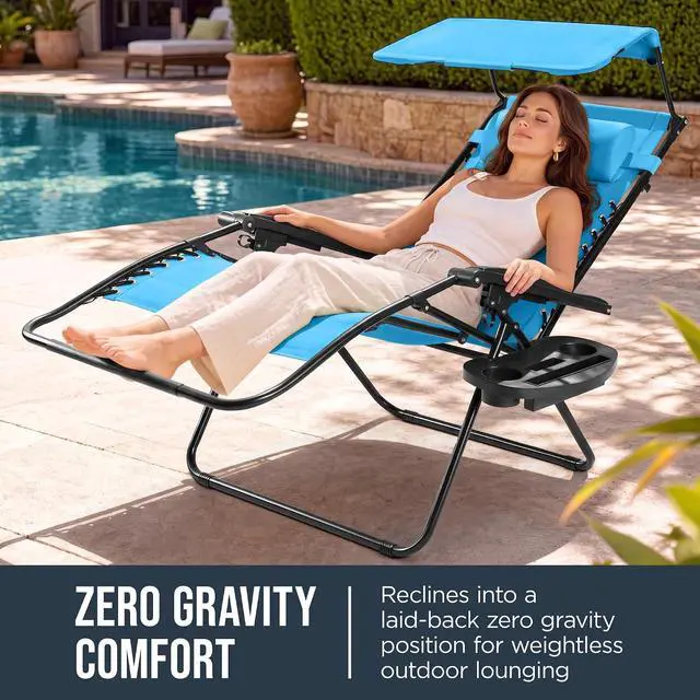 Alt view image 3 of 7 - Oversized Padded Zero Gravity Chair w/Canopy Headrest Cup Holder Side Tray, Folding Outdoor Patio Recliner Lounger - Light Blue