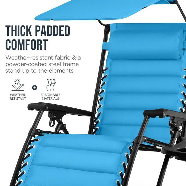Alt view image 6 of 7 - Oversized Padded Zero Gravity Chair w/Canopy Headrest Cup Holder Side Tray, Folding Outdoor Patio Recliner Lounger - Light Blue