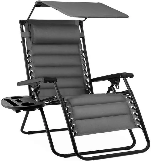 Main image of Oversized Padded Zero Gravity Chair w/Canopy Headrest Cup Holder Side Tray, Folding Outdoor Patio Recliner Lounger - Gray