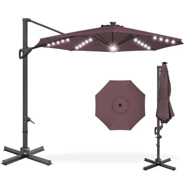 Main image of 10ft Solar LED Cantilever Patio Umbrella, 360-Degree Rotation Hanging Offset Market Outdoor Sun Shade for Backyard, Deck, Poolside w/Lights, Easy Tilt, Cross Base - Deep Taupe