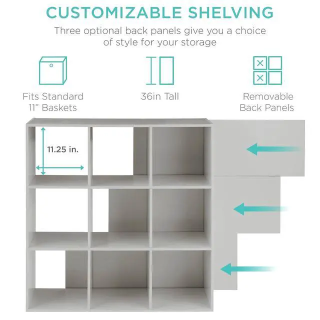 Alt view image 3 of 7 - Best Choice Products Kids Bookcase 9-Cube Storage Organizer, 11in Shelf Opening, Bookshelf, Toy Storage, Customizable w/ 3 Removable Back Panels Gray