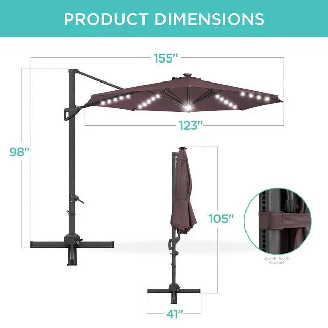 Alt view image 7 of 7 - 10ft Solar LED Cantilever Patio Umbrella, 360-Degree Rotation Hanging Offset Market Outdoor Sun Shade for Backyard, Deck, Poolside w/Lights, Easy Tilt, Cross Base - Deep Taupe