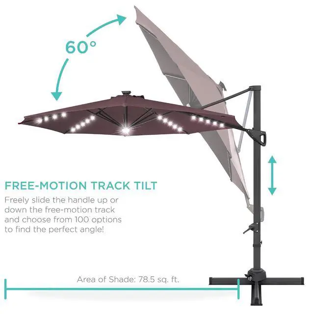 Alt view image 5 of 7 - 10ft Solar LED Cantilever Patio Umbrella, 360-Degree Rotation Hanging Offset Market Outdoor Sun Shade for Backyard, Deck, Poolside w/Lights, Easy Tilt, Cross Base - Deep Taupe