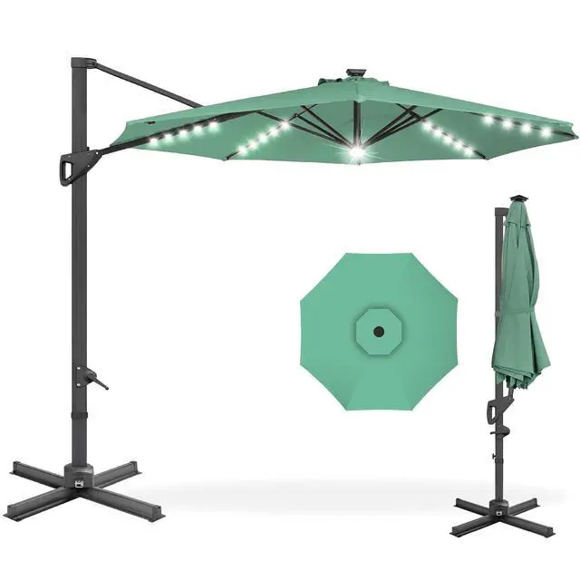 Main image of 10ft Solar LED Cantilever Patio Umbrella, 360-Degree Rotation Hanging Offset Market Outdoor Sun Shade for Backyard, Deck, Poolside w/Lights, Easy Tilt, Cross Base - Seaglass