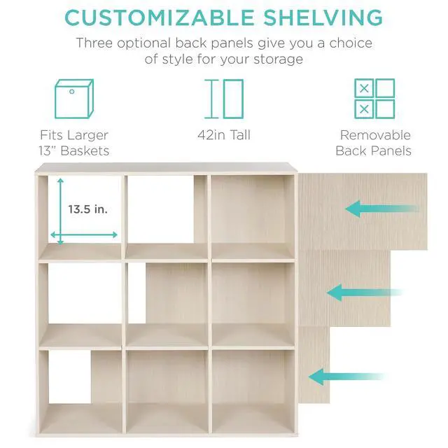 Alt view image 3 of 7 - Best Choice Products 9-Cube Storage Organizer, 13.5in Shelf Opening, Bookcase, Display Shelf, Customizable w/ 3 Removable Back Panels Whitewash