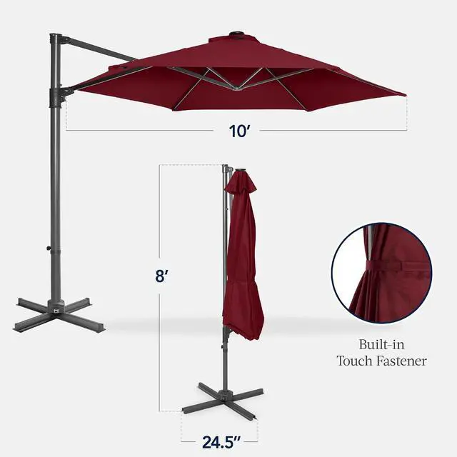 Alt view image 2 of 7 - 10ft Offset Cantilever Hanging Market Patio Umbrella, Smooth 360° Rotation, 8 Sturdy Ribs, Easy Adjustment - Burgundy