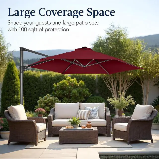 Alt view image 4 of 7 - 10ft Offset Cantilever Hanging Market Patio Umbrella, Smooth 360° Rotation, 8 Sturdy Ribs, Easy Adjustment - Burgundy