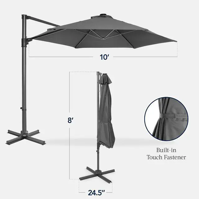 Alt view image 2 of 7 - 10ft Offset Cantilever Hanging Market Patio Umbrella, Smooth 360° Rotation, 8 Sturdy Ribs, Easy Adjustment - Gray