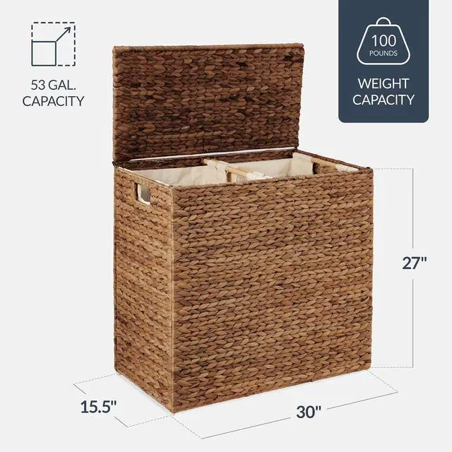 Alt view image 2 of 7 - X-Large Laundry Hamper with Lid, Natural Handwoven Hyacinth Laundry Basket, W/Removeable & Washable Liner Bag, Portable, Handles, 53 Gallon (200 liters) - Chestnut