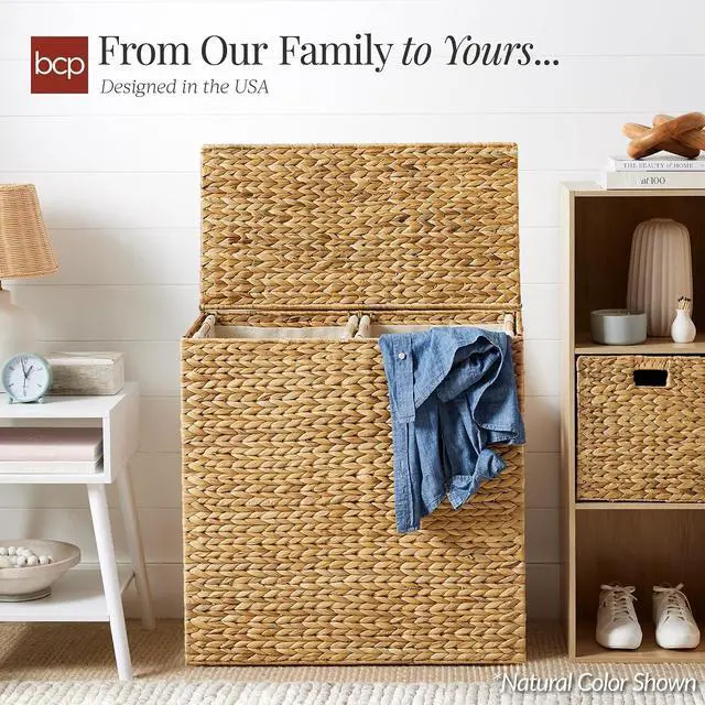 Alt view image 4 of 7 - X-Large Laundry Hamper with Lid, Natural Handwoven Hyacinth Laundry Basket, W/Removeable & Washable Liner Bag, Portable, Handles, 53 Gallon (200 liters) - Chestnut