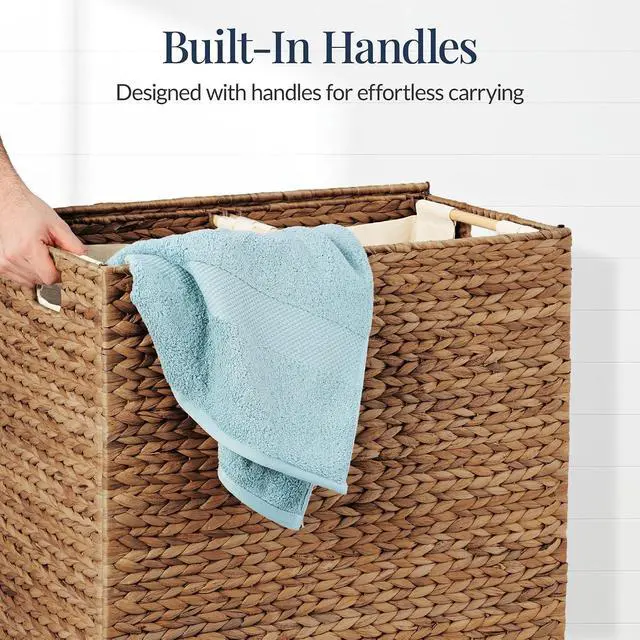 Alt view image 6 of 7 - X-Large Laundry Hamper with Lid, Natural Handwoven Hyacinth Laundry Basket, W/Removeable & Washable Liner Bag, Portable, Handles, 53 Gallon (200 liters) - Chestnut