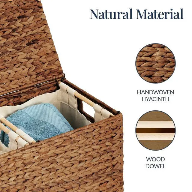 Alt view image 7 of 7 - X-Large Laundry Hamper with Lid, Natural Handwoven Hyacinth Laundry Basket, W/Removeable & Washable Liner Bag, Portable, Handles, 53 Gallon (200 liters) - Chestnut