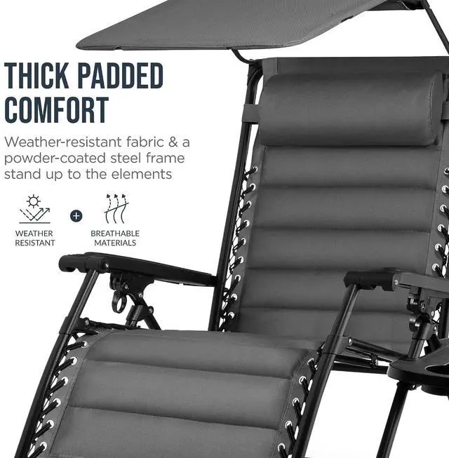 Alt view image 6 of 7 - Oversized Padded Zero Gravity Chair w/Canopy Headrest Cup Holder Side Tray, Folding Outdoor Patio Recliner Lounger - Gray