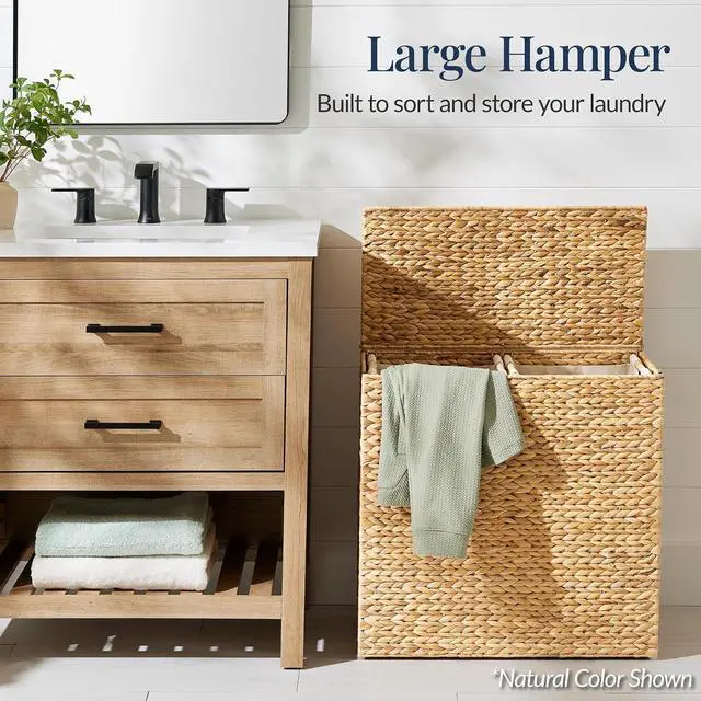 Alt view image 3 of 7 - Large Laundry Hamper with Lid, Natural Handwoven Hyacinth Laundry Basket, W/Removeable & Washable Liner Bag, Portable, Handles, 30 Gallon (114 liters) - Chestnut